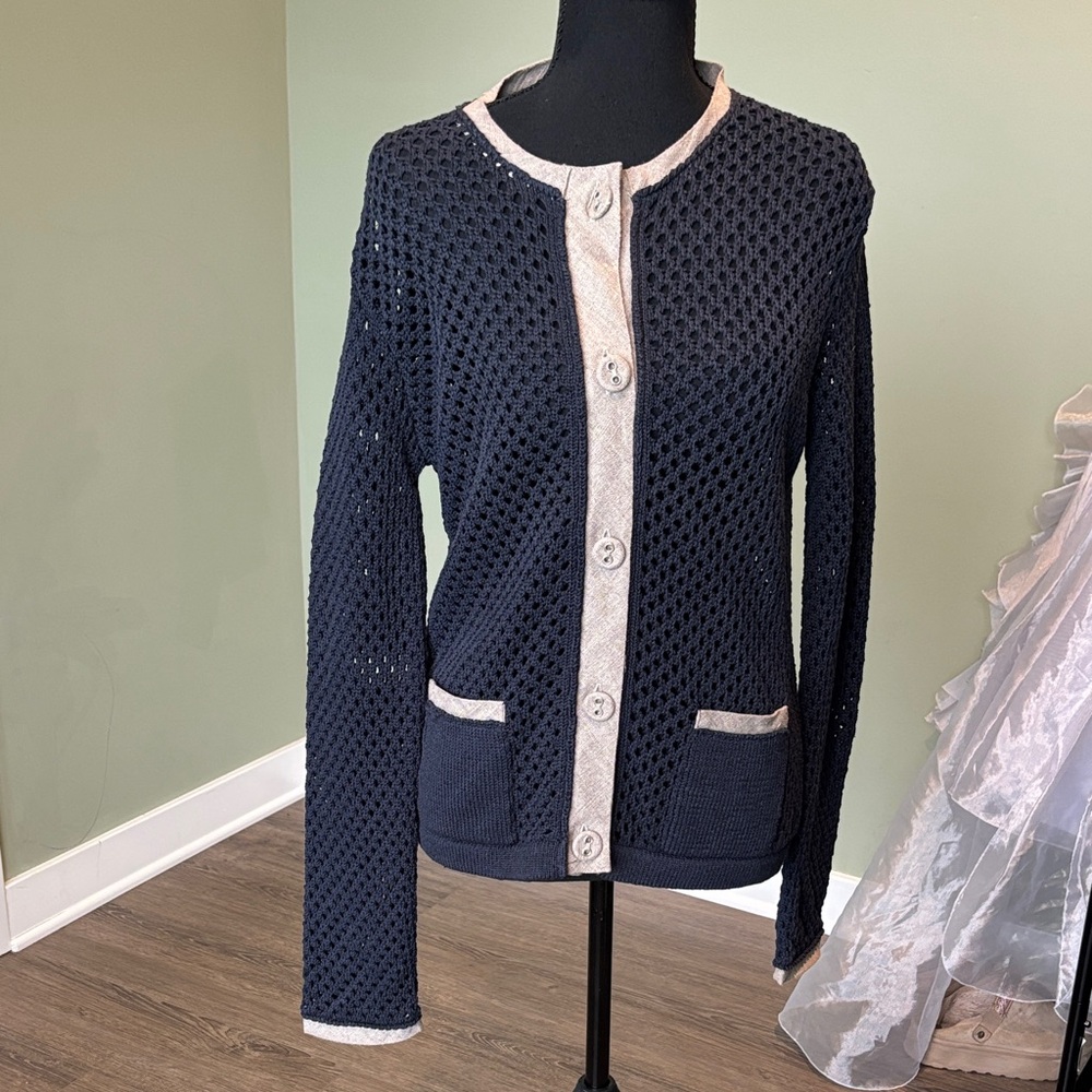 Chic cashmere Navy Cardigan with Cream Trim